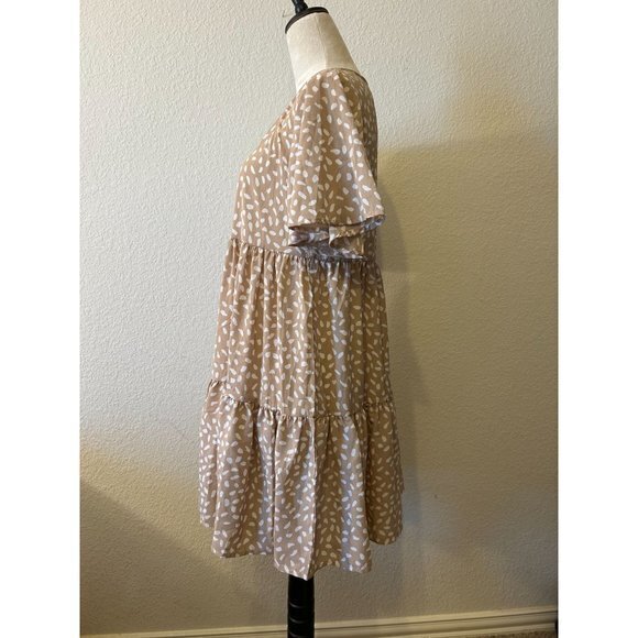 EUC Women's Shein Peasant Dress Khaki Tan‎ White Size Medium - Picture 4 of 13